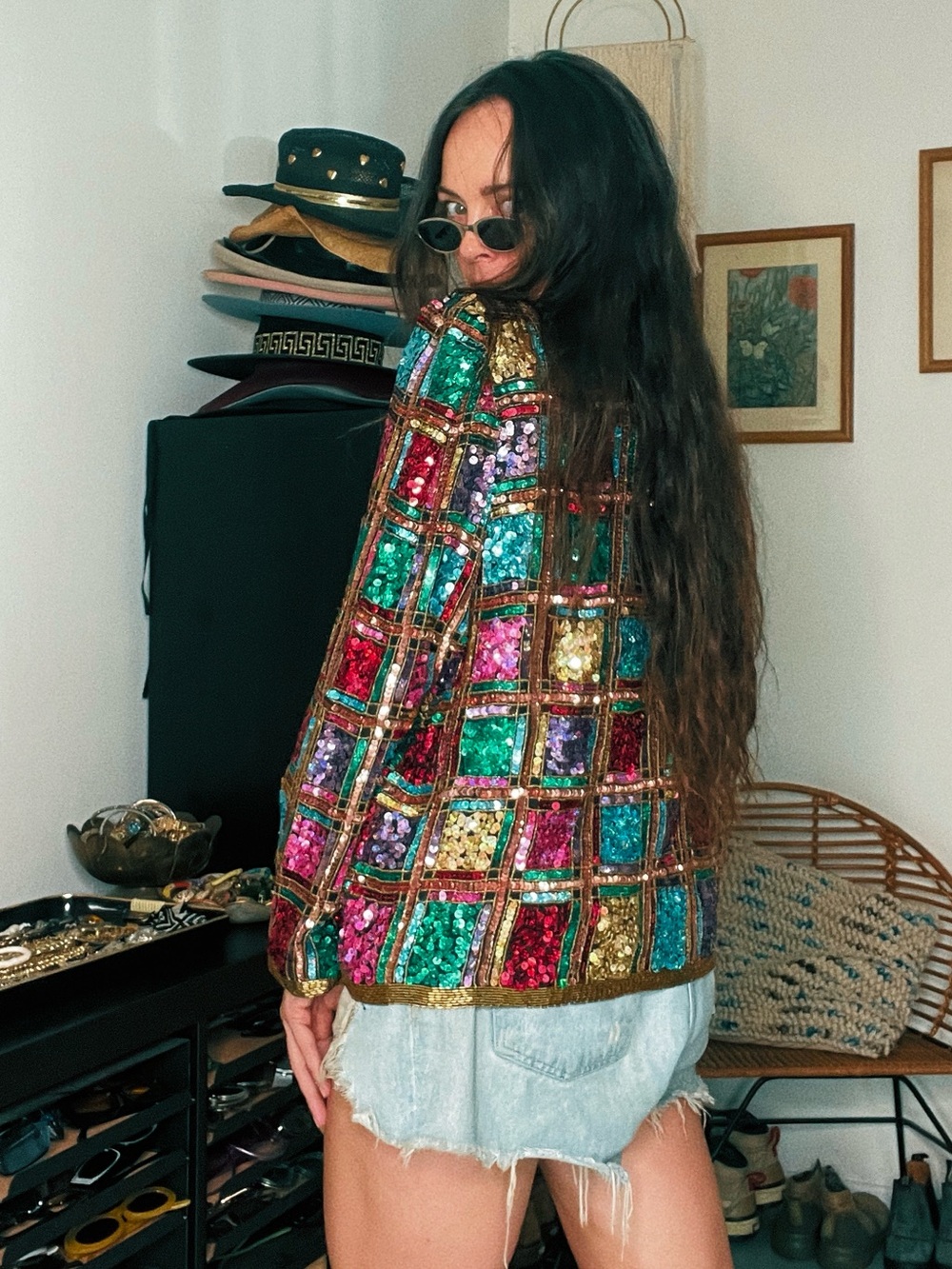 90s Laurence Kazar Multicolor Sequin Patchwork Jacket with Gold Trim - Picture 13 of 13